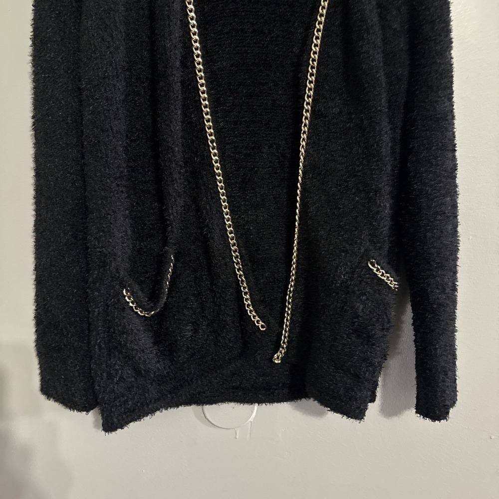 Forever 21 Woman's FuzzyCardigan Oversized Gold Chain Sweater Black Size Med - Picture 4 of 12